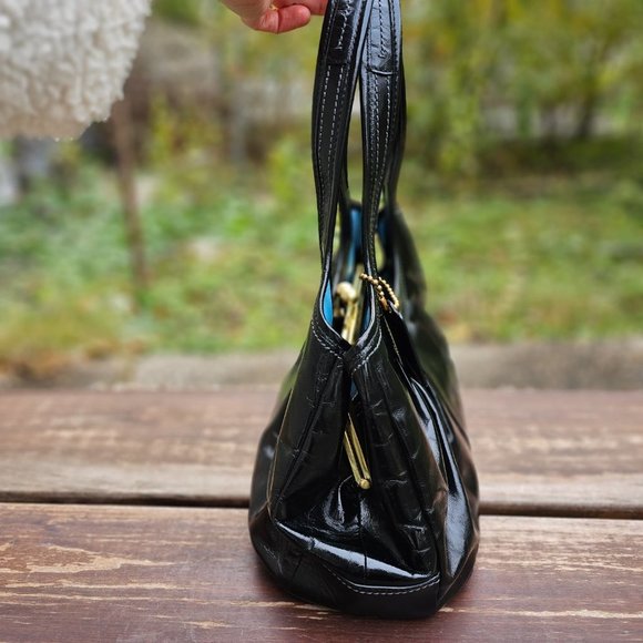 COACH Shoulder Bag Black Patent Leather Satchel Kisslock - Picture 6 of 16